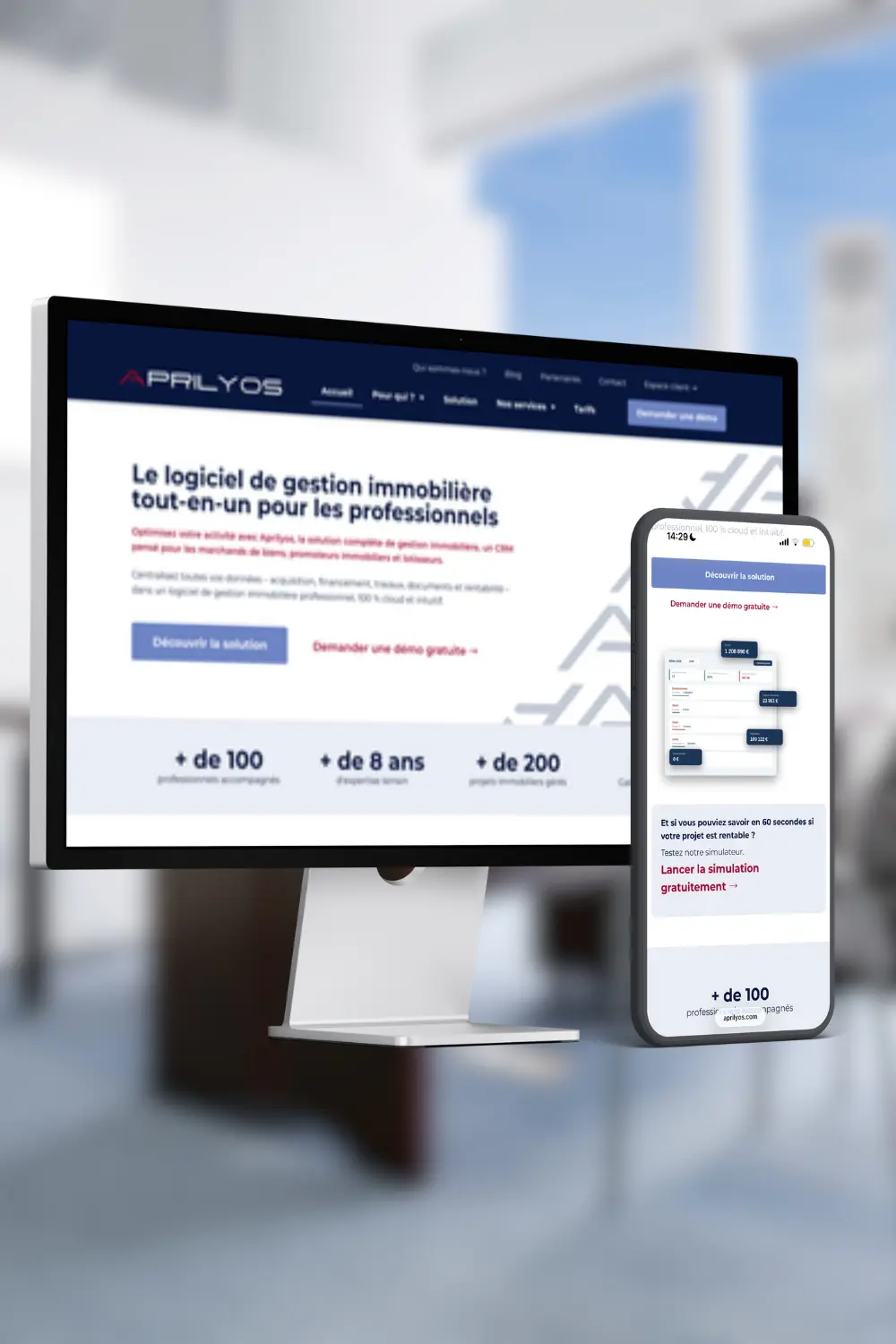 Site internet Aprilyos , gestion immobilière, version ordinateur et version mobile, avec un design moderne bleu et blanc.