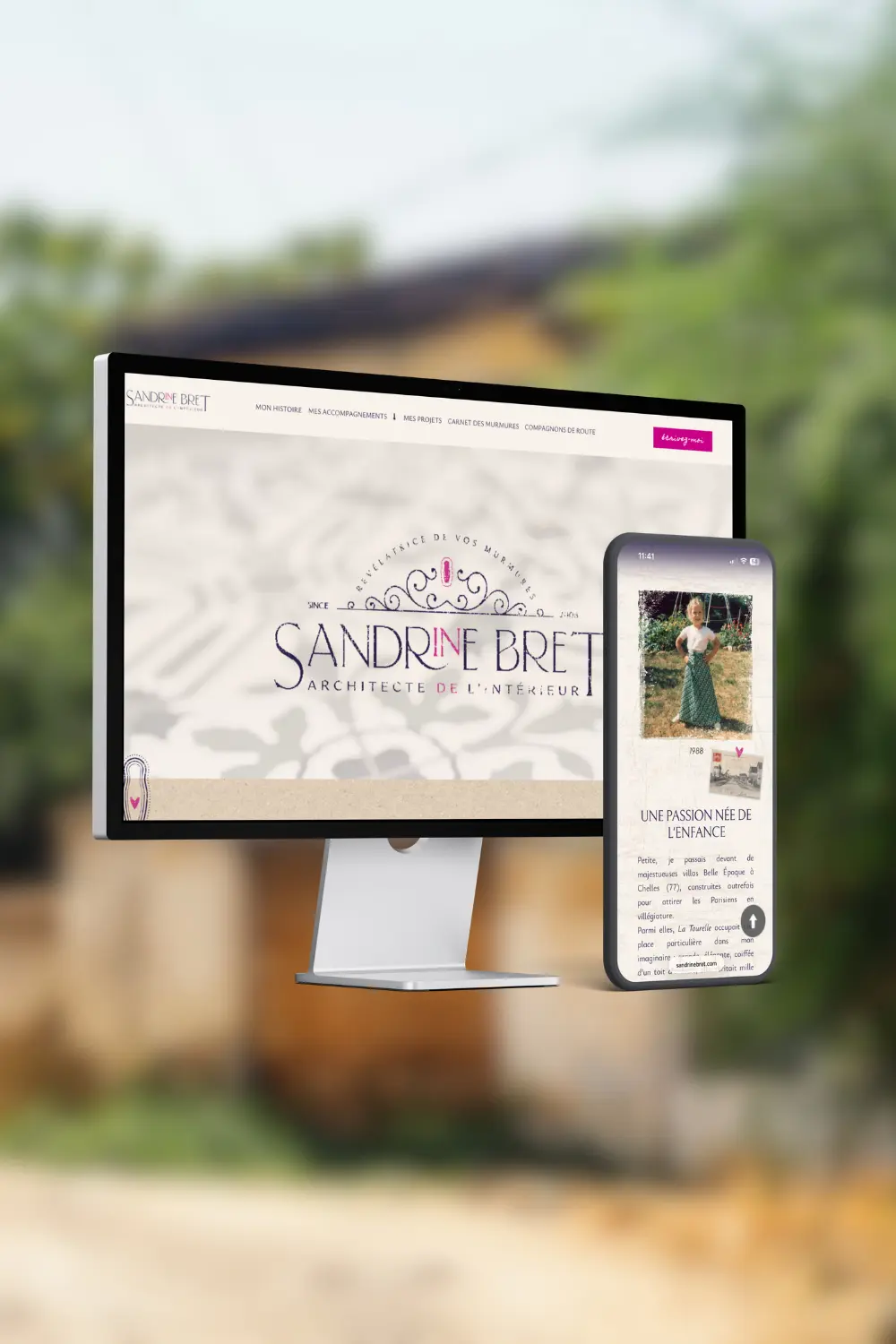 Site internet Sandrine bret , architecte d'intérieur , version ordinateur et version mobile, avec un design moderne et épuré.