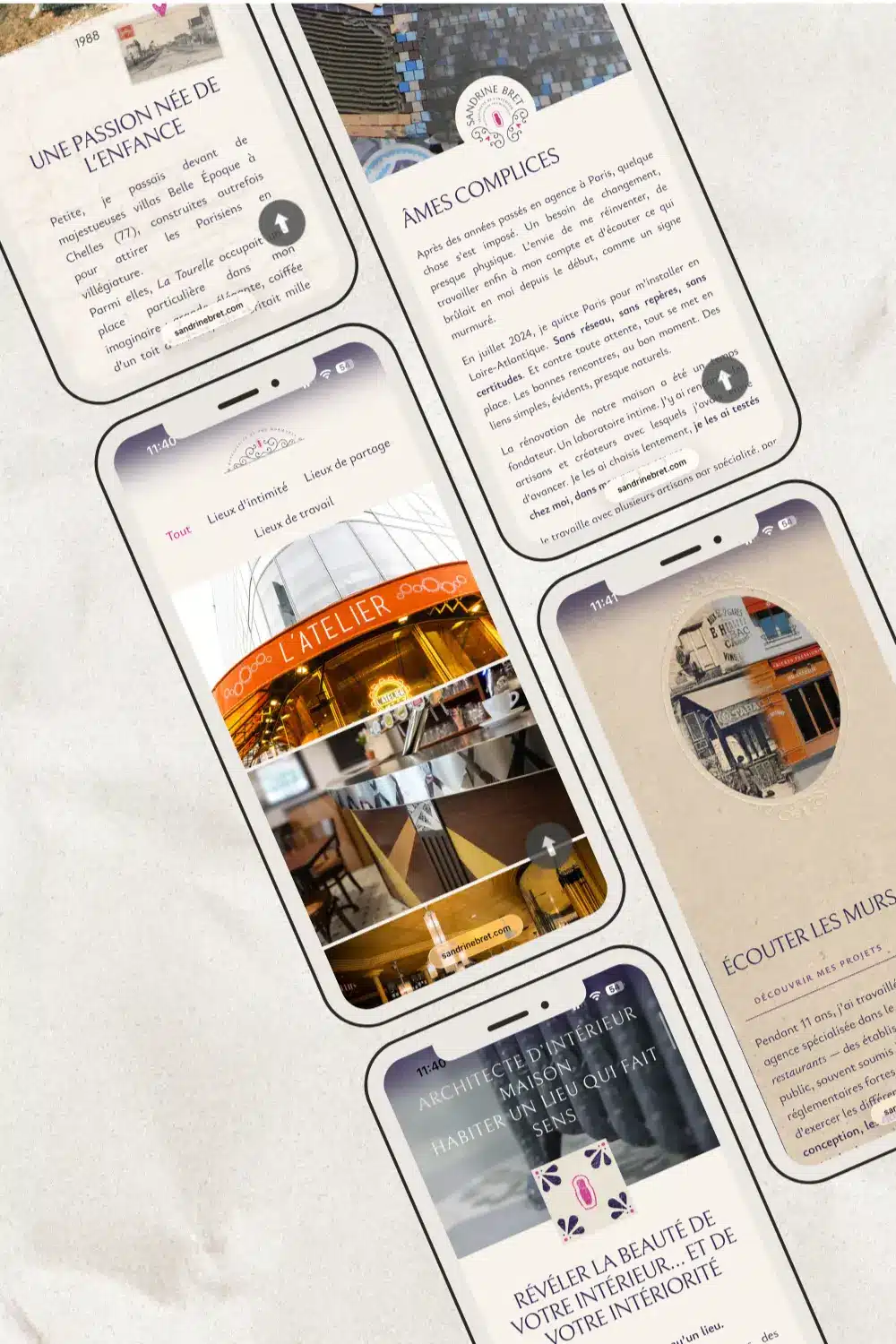 Site internet Sandrine bret , architecte d'intérieur , version téléphone, avec un design moderne et épuré.