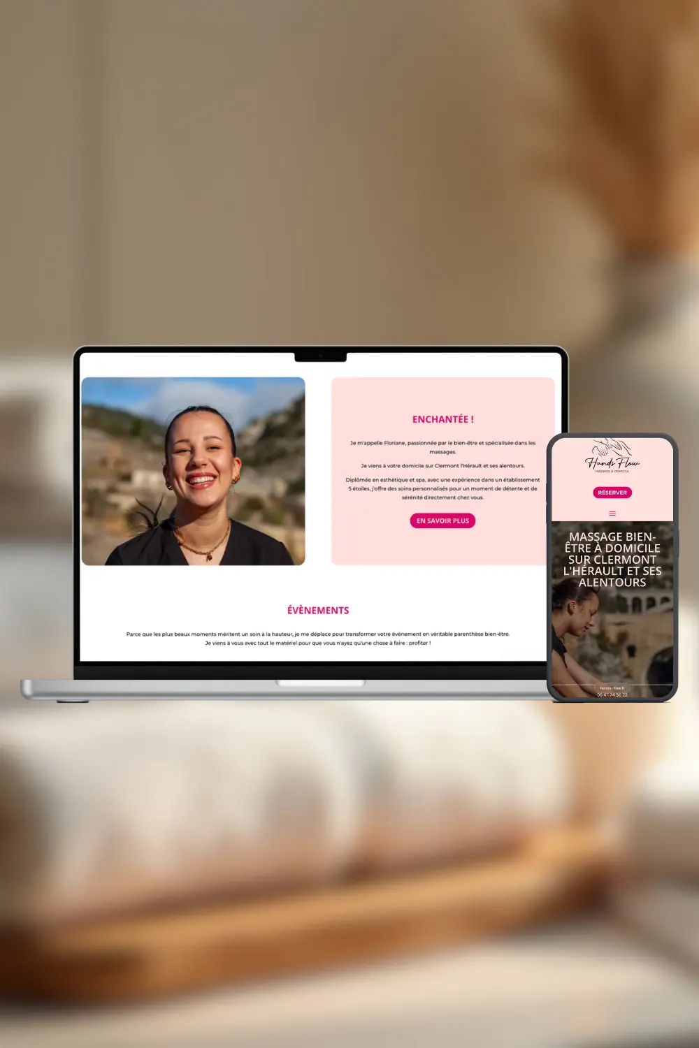 Site internet Hands flow , Massage à domicile , version ordinateur et version mobile, moderne et épuré.