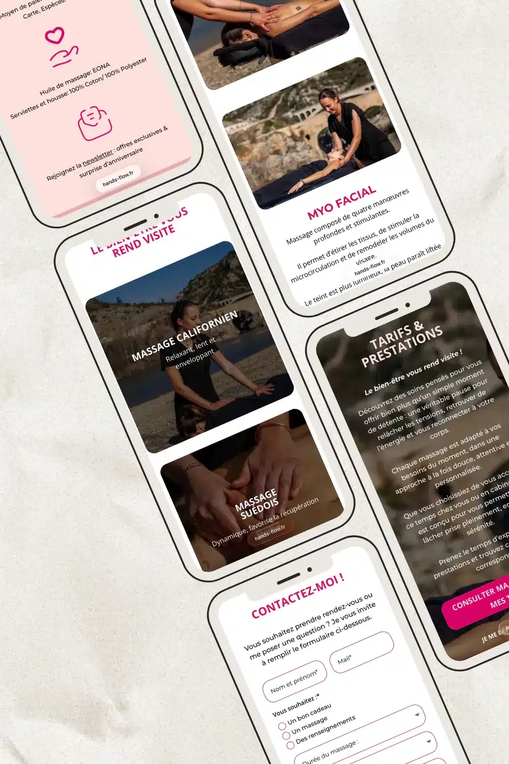 Site internet Hands flow , Massage à domicile , version mobile, moderne et épuré.